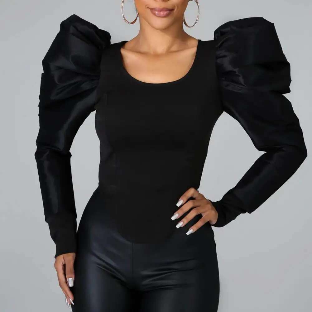 Women Casual Patchwork Outfits Puff Sleeve Stylish Pullover Top Female Spring Summer Skinny Blouse For Party
