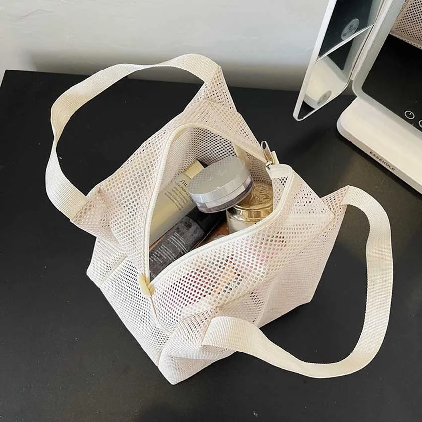 New Large Capacity Mesh Bag with handle Travel Toiltery Makeup Bag Portable Beach Bag Cosmetic Zipper Pouch R250312