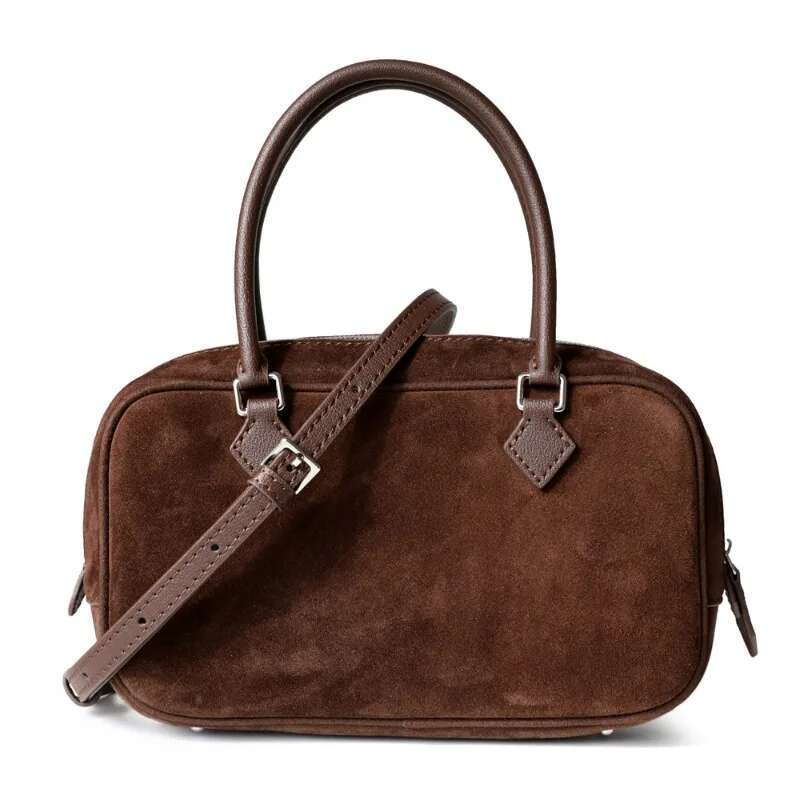 Real Suede Leather Boston Square Women Crossbady Shoulder Bag Frosted Cowhide Bolsos Vintage Zip Handbag