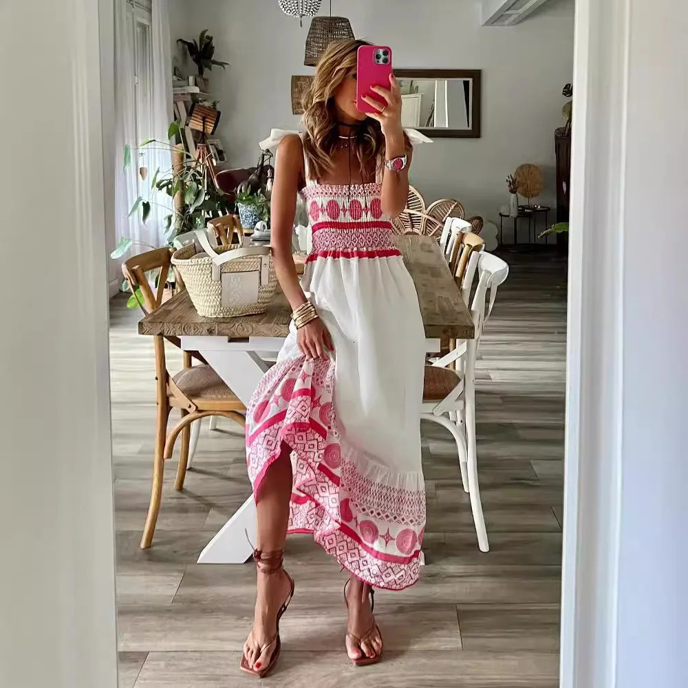 Womens Bohemian long dress printed pendant sexy beach casual elegant square neckline loose summer vest 250313