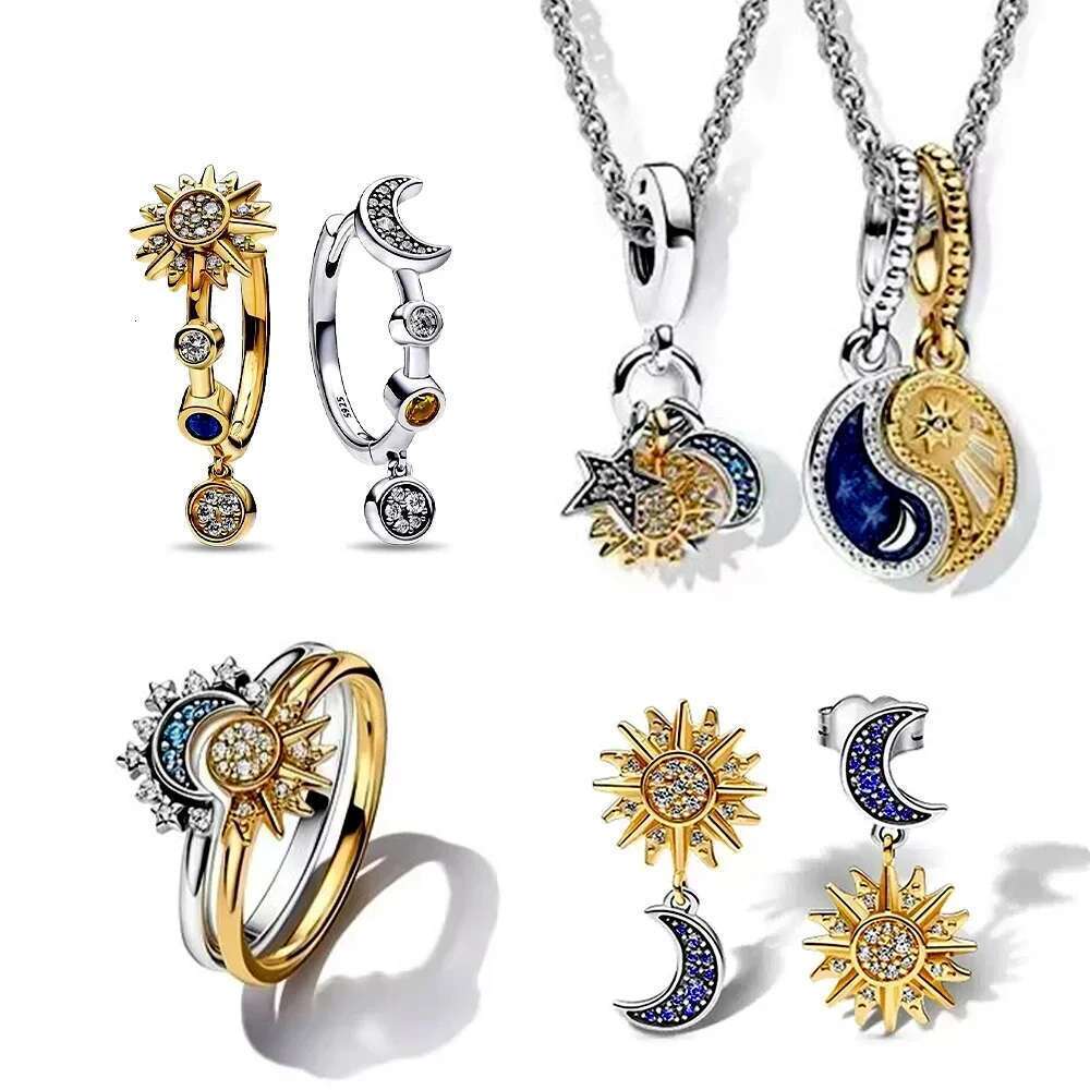 925 Sterling Silver Two-Color Sun And Moon Combination Series Beaded Fit Diy Charm Ring Earrings Women's Jewelry Gift