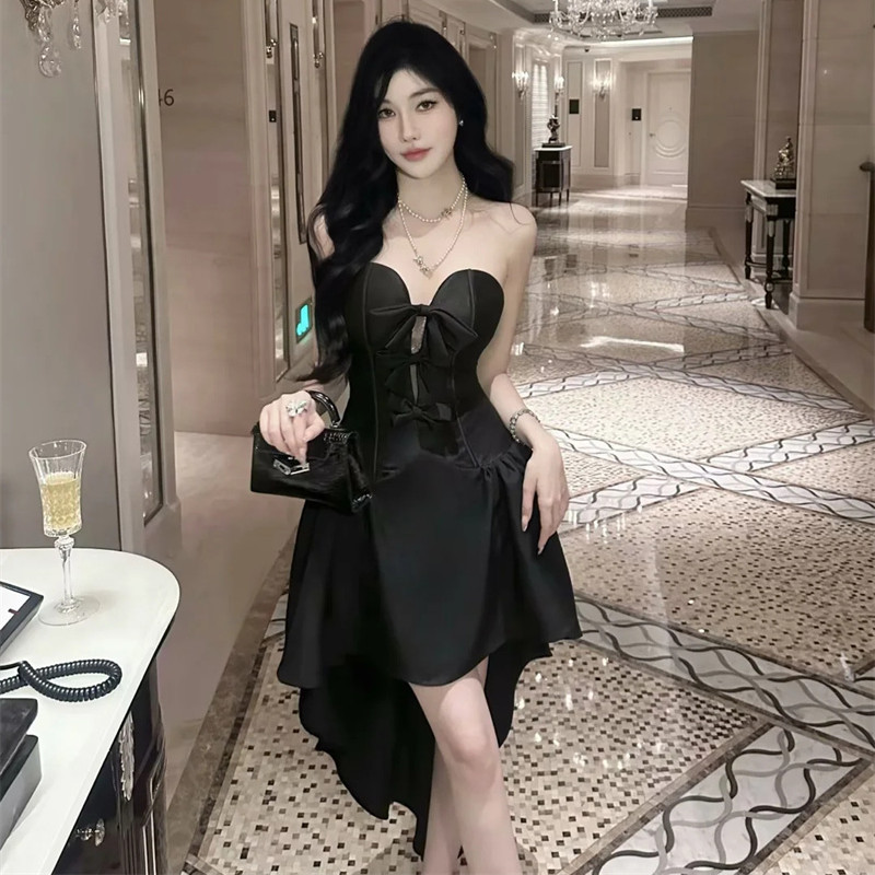 G210 sexy lady evening dress sweet tube top bow short front and long back dress