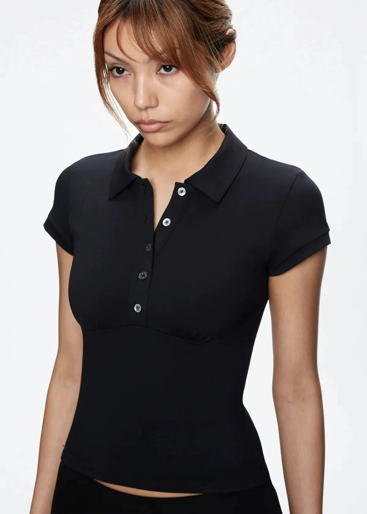 Tank black polo neck T-shirt slim-fit shoulder short sleeve top baby tee custom buttons 250312