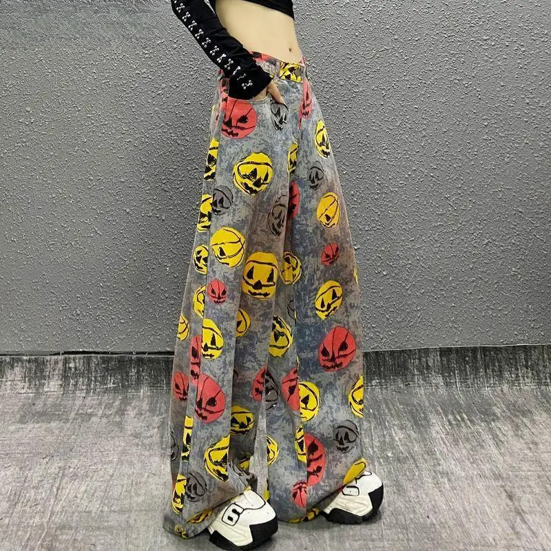 Spring And Summer Colorful Prints Tie-Dyed Washed Jeans Women's New High-Waisted Loose Versatile Straight Wide-Leg Pants