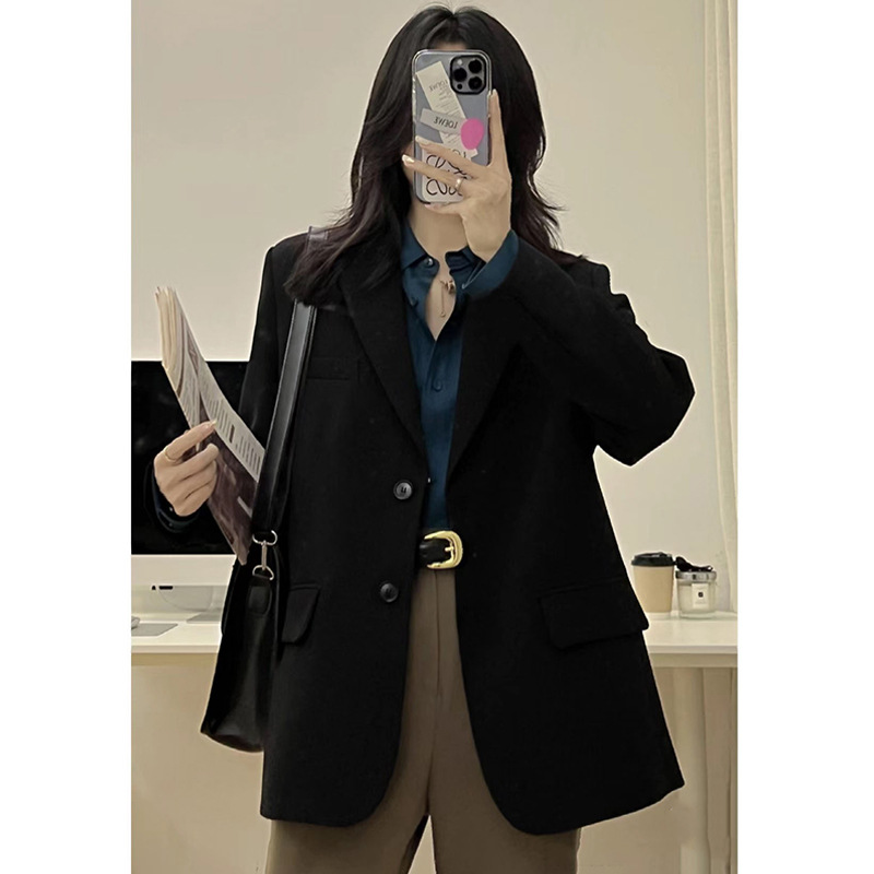 L3101Trendy Black Suit Coat for Women - Comfortable Loose Design for 2025 Seasonal Wear