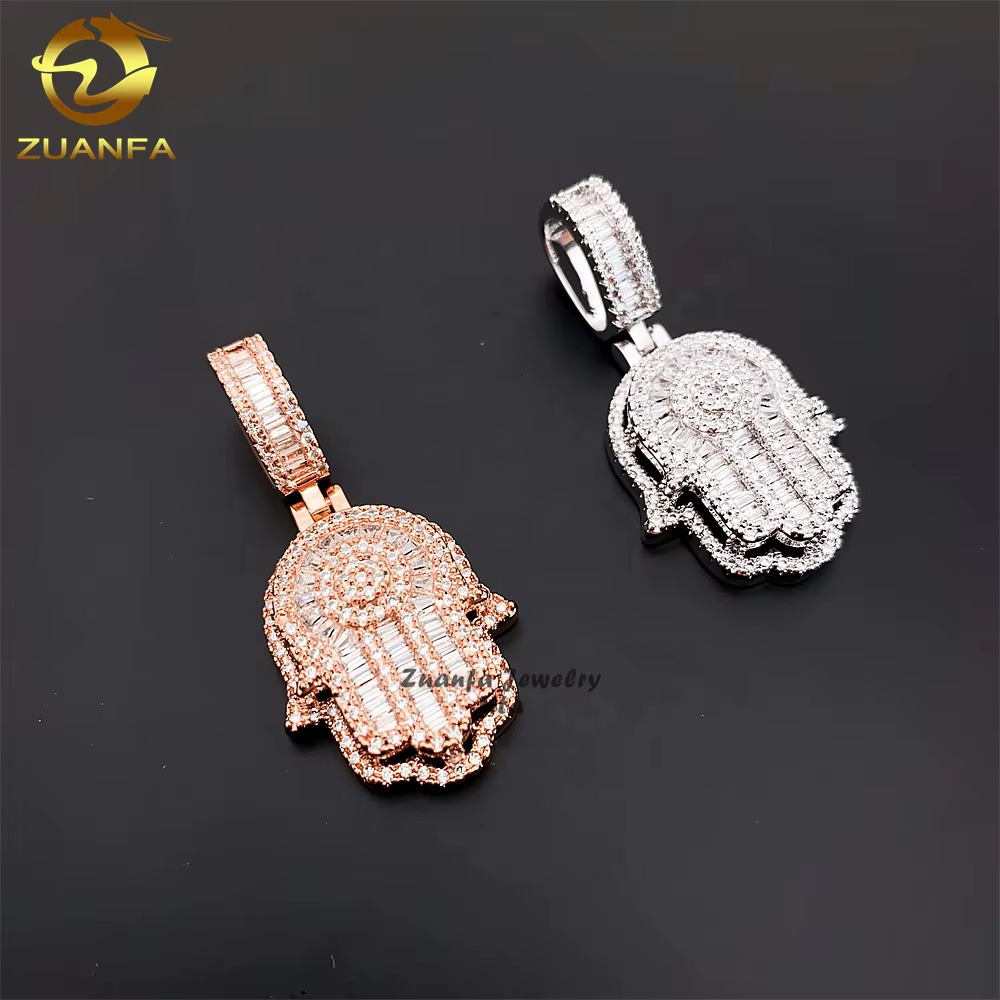 Hip Hop Jewelry baguette Diamond 925 Sterling Silver Gold Plated Charm Moissanite Hamsa Pendant