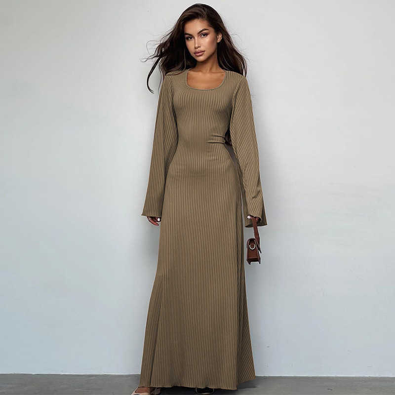 Womens 2023 autumn fashion loose U-neck back lace up long sleeved dress T250312