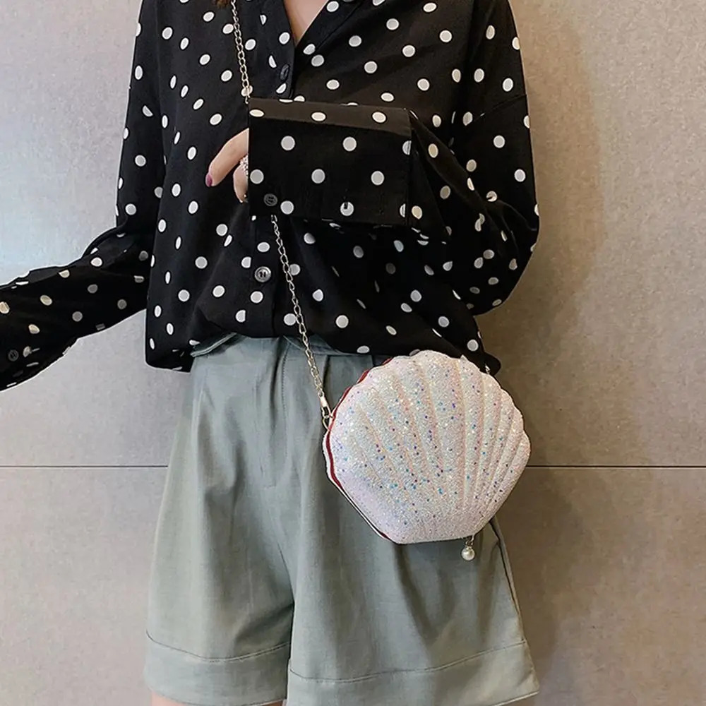 Chain Sequined Shoulder Bag For Women Pu Leather Handbags Cute Shell Crossbody Bags Female Sequins Small Bag Phone Money Pouch 250305