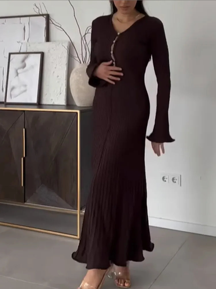 Womens Elegant Button Vneck Knitted Long Skirt Fashion Sleeve Ruffle Slimming Vestido Waist Office Robe 250313
