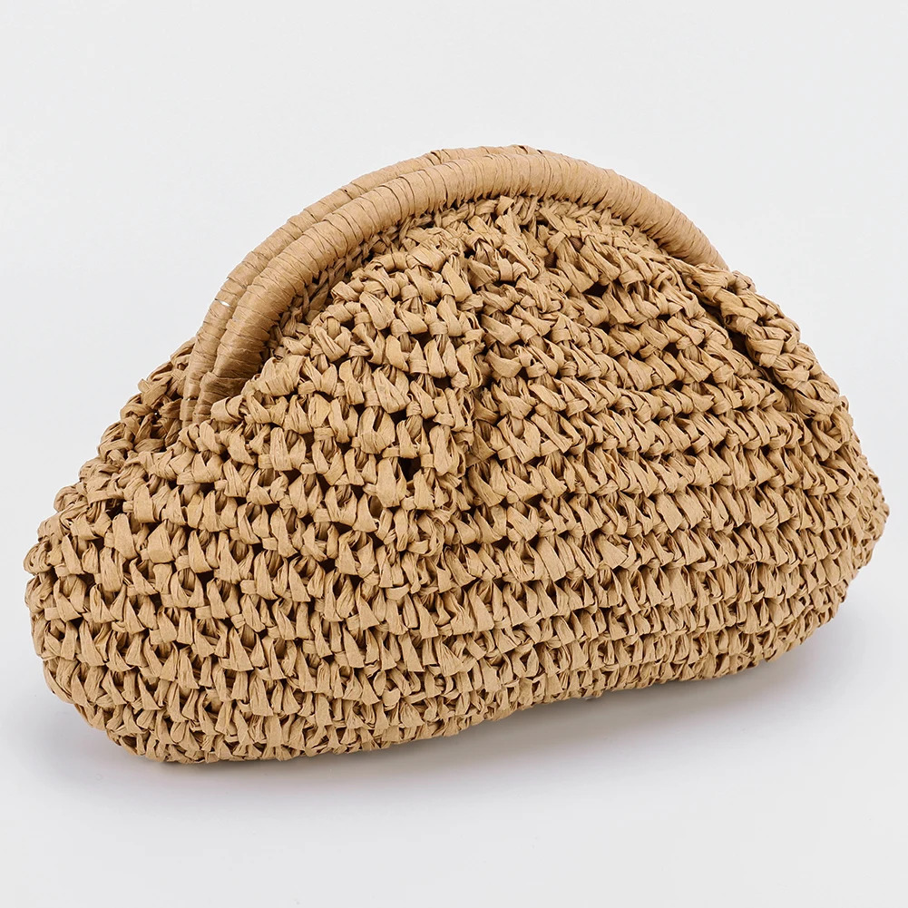 Women Straw Woven Bag Chain Strap Straw Clutch Purse Large Capacity Stylish Crossbody Bag Solid Color for Summer Beach R250312