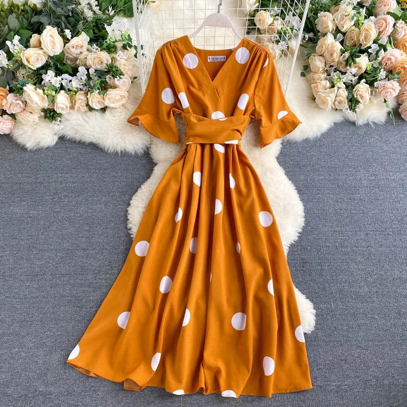 YuooMuoo Women Dress Korean Fashion Polka Dot Print Long Summer Vacation Style Sash Bandage Big Swing Beach 250313