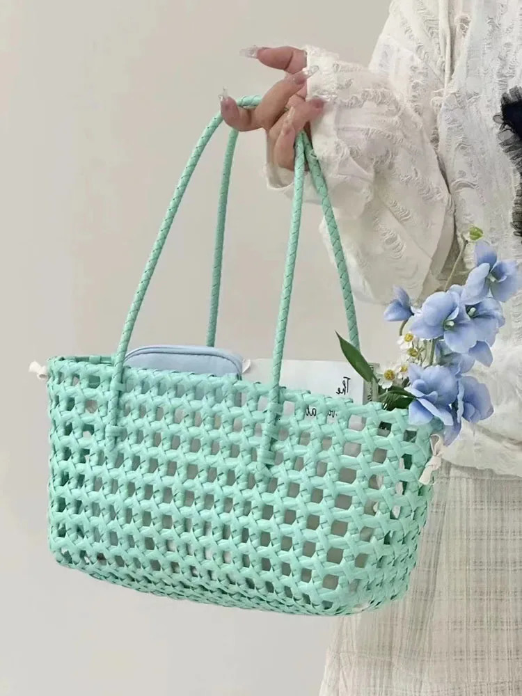 Hylhexyr PVC Handheld Hollow Woven Tote Bag Vegetable Basket Shoulder Bags Beach Vacation Picnic Handbag Summer R250312