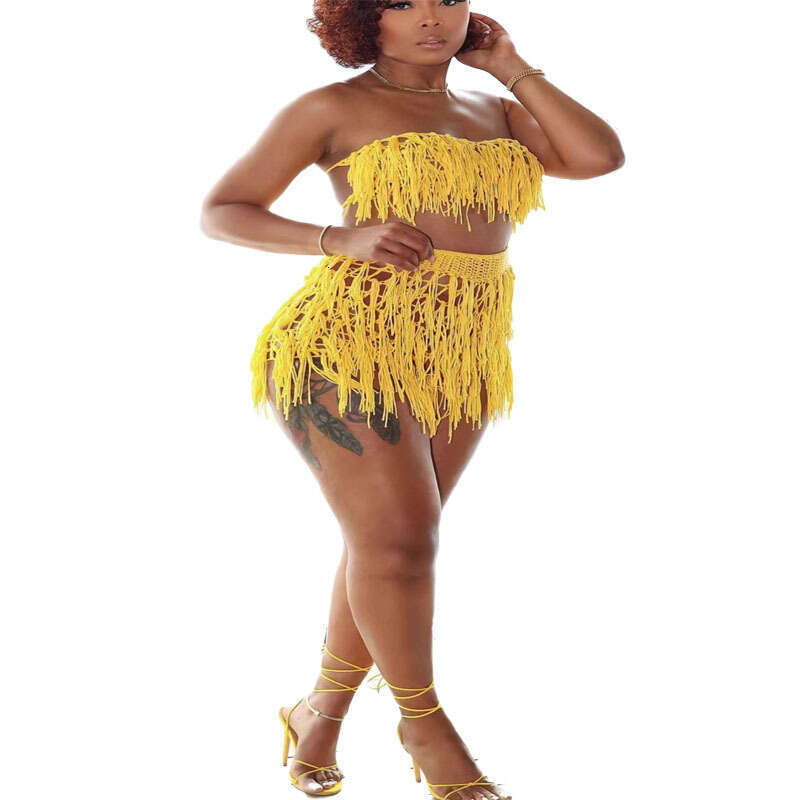 New Urban Sexy Perspective Knitted Hand Hook Tassel Beach Shorts Set For Women