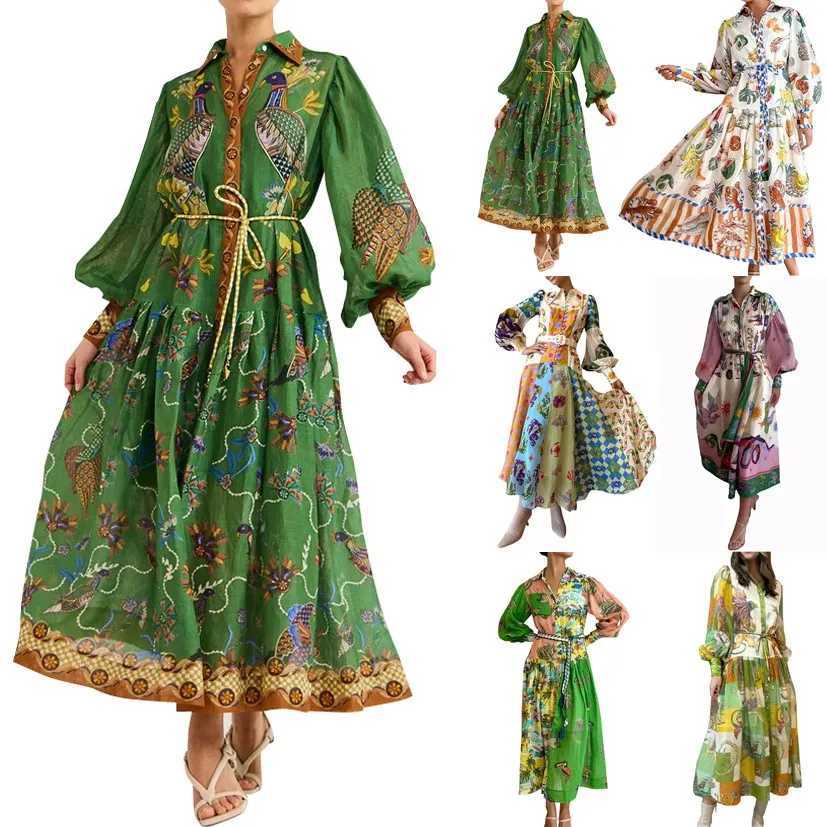 Urban Sexy Dresses Womens long dress with retro printed lantern Slve waist big swing European and American womens Dr. Vistidos Palla Mujer Y2403120ETE