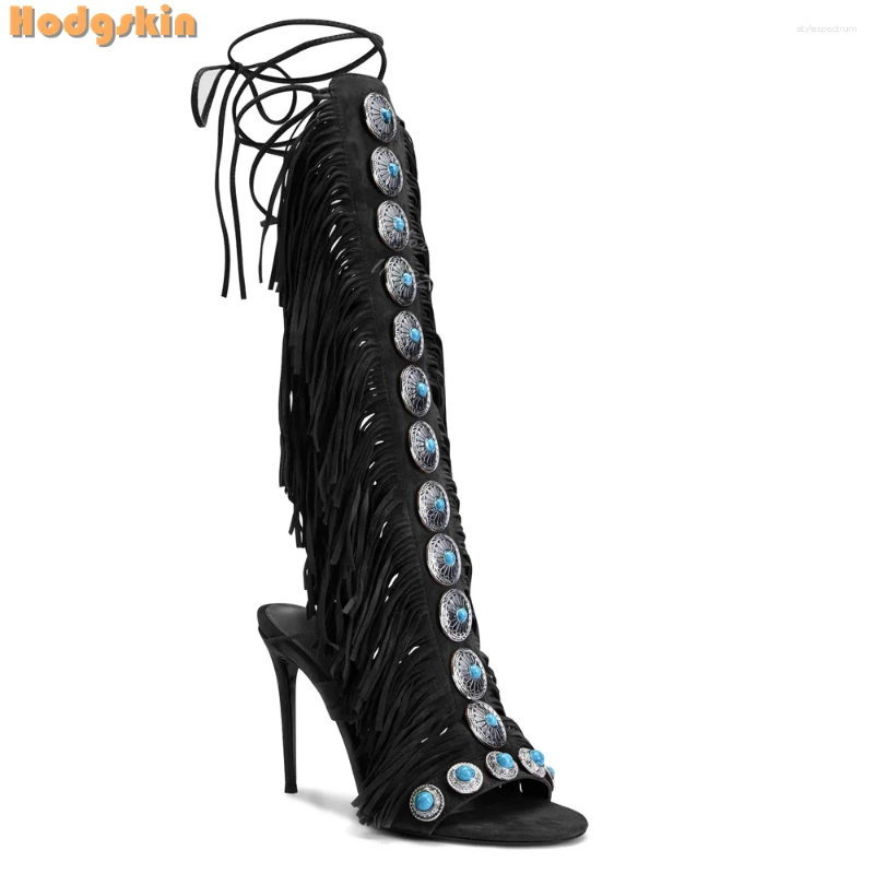 Bury Stiletto hot Fringe Cross-Tied Sandals: Round Toe Buckle Decor Lace-Up High Heels - Bohemian Fashion