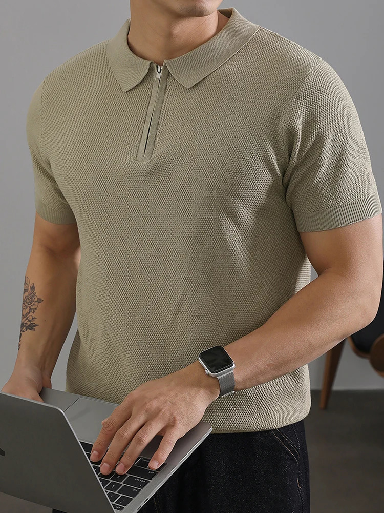 Retro Collar Zipper Knitted Polo Shirt Mens SpringSummer Casual Solid Color Ultra Thin Short Sleeve Street Clothing 250313