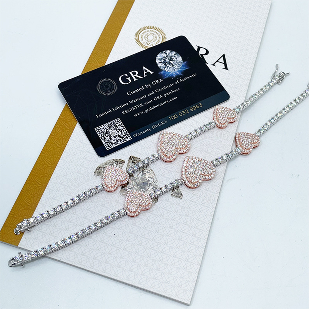 3mm Moissanite Heart S925 Silver Tennis Chain Necklaces For Women Iced Out Hand Chain Pass Diamonds Tester Hip Hop Goth Jewelry