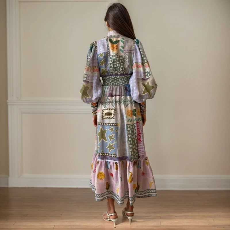 Urban Sexy Dresses Popular Midi Dr womens clothing European and American retro puffs Slve printed lantern Slve A-line waist pattern Swing Dr Y240312ZY