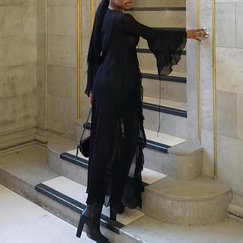 Abrini Womens Black Transparent Mesh Beach Dress Sexy Lace Open Skirt Elegant Holiday Party 250313