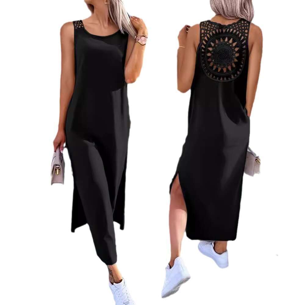 women's clothing, European and American summer hollow solid color medium long dress, 2025 temperament versatile new trend clothing ins