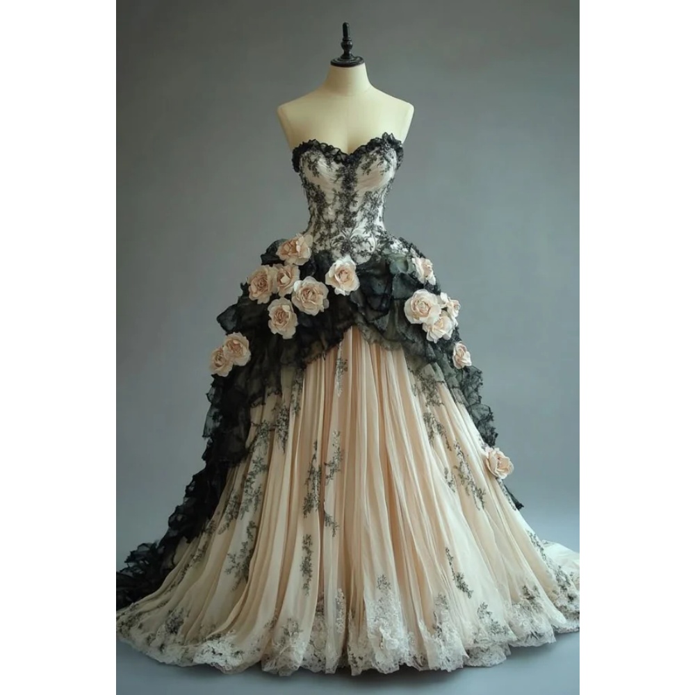 Vintage Champagne And Black A-Line Wedding Dresses With 3D Floral Appliques Lace Tulle Long Bridal Gown New Gothic Bride Dress Back Lace-Up