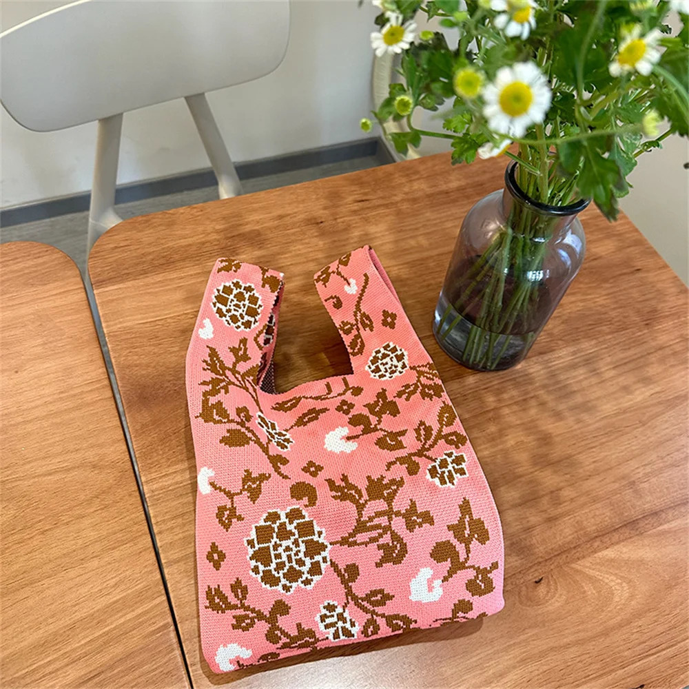 Retro Knitted Bags Large Capacity Floral Women Handbag Fashion Woven Shopper Purse Mini Knot Wrist Bag Reusable Student Tote Bag R250312