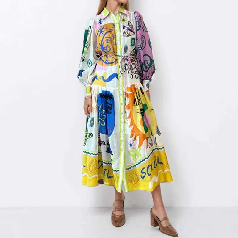 Urban Sexy Dresses 2025 Womens Retro Printed Lant Sleeves Waist Swinging European and American Womens Dr Y2403124WEI