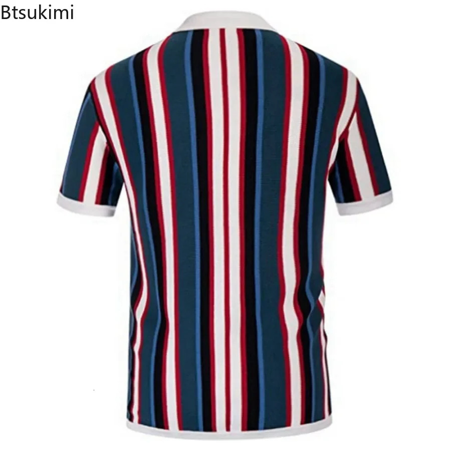 Mens Summer Casual Knitted Shirts British Retro Stripe Patchwork Short Sleeve Jacquard Business Polo Shirt 250313