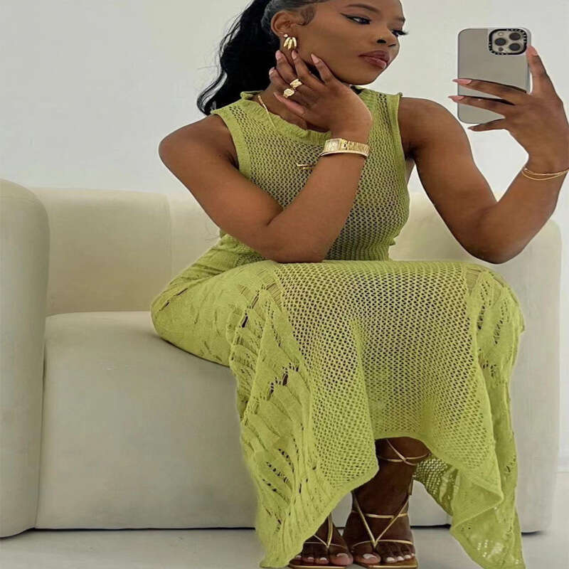 Hollow Mesh Sweater Style Vacation Sexy Long Skirt Knitted Slit Dress Summer