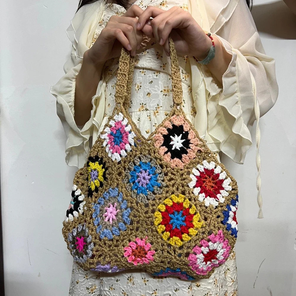 Large Capacity Fashion Cut-out Boho Tote Bag Trendy Floral Crochet Handmade Knitted Bag Vintage Multicolor Hollow Out Handbag R250312