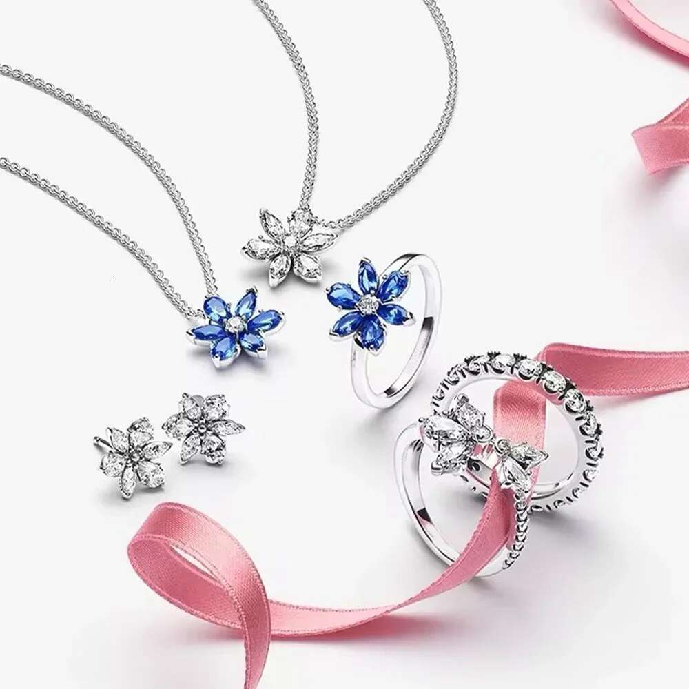 Earrings 925 Sterling Silver Sparking White Glass Flower Series Earrings Charms Necklace Ring Women's Fine Jewelry Gift