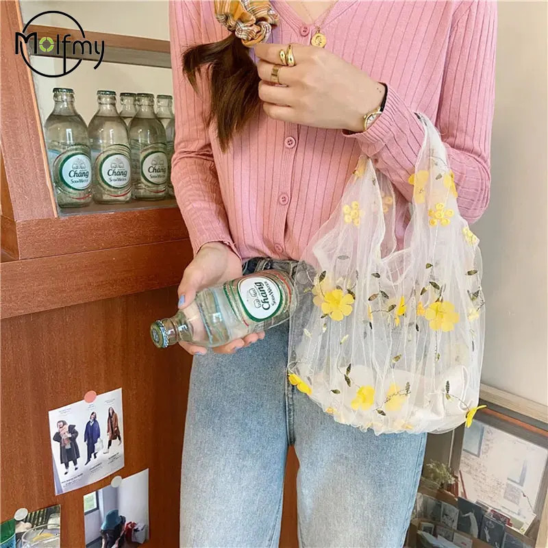 Transparent Womens Bag Silk Mesh Embroidery Flower Designer Luxury Bags Small Fresh Shopping Tote Bag Carteras Para Mujeres R250312