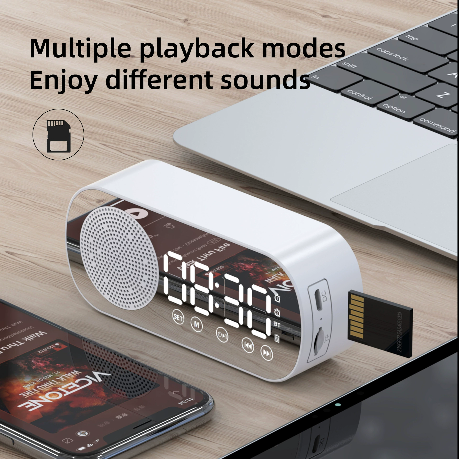 Smart Bluetooth Speaker Clock with Mirror Display, Dual Alarms & HIFI Bass | Portable Compact Desk Gadget for Home/Travel, FM/TF Card Music Gift Idea