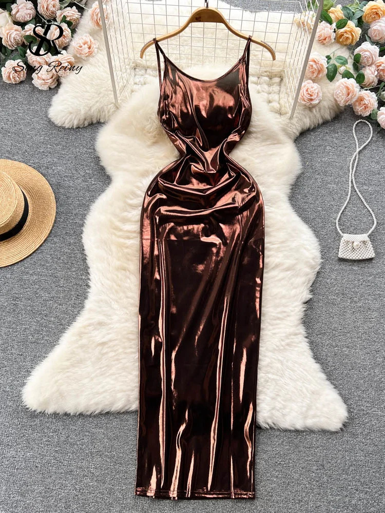 SINGREENY Sexy Body Satin Camis Dress No Back High Waist Fashionable Hollow Shining Summer Womens Party Long 250313