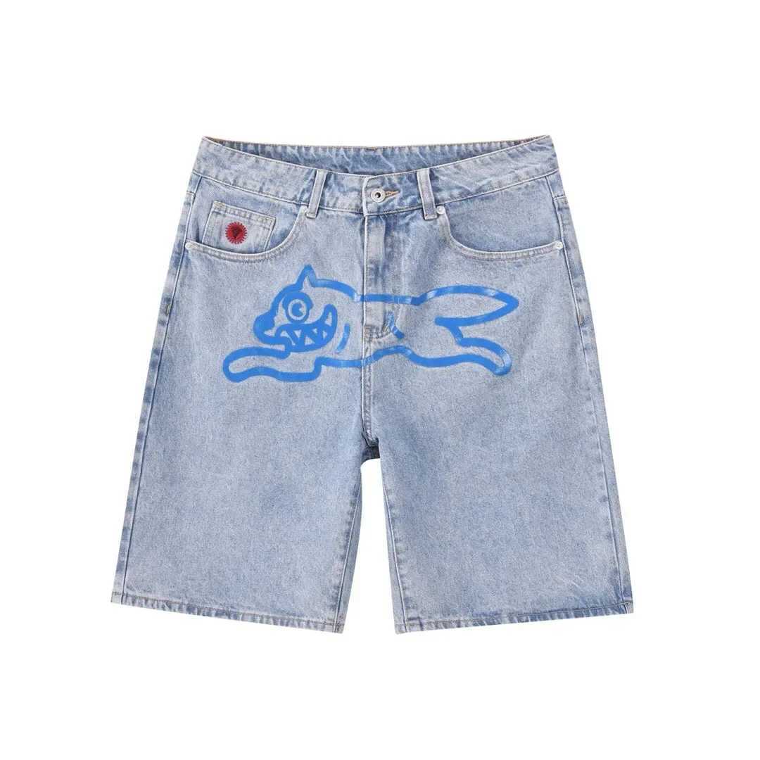Summer New Fly Dog Hip Hop Graphic Printed Denim Shorts Mens Wide Leg Baggy Jeans Y2k Streetwear Fashion Knee Length Pants ShortsXJ250313