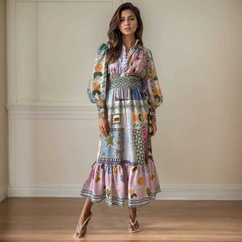 Urban Sexy Dresses Popular Midi Dr womens clothing European and American retro puffs Slve printed lantern Slve A-line waist pattern Swing Dr Y240312ZY