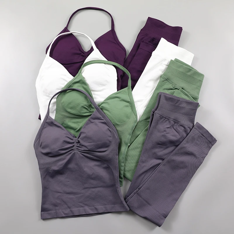 2pcs Gym Set Women Padded Tank Tops Longline High Waist Scrunch Seamless Yoga Leggings Fitness Clothes Workout Sets Gym Suit Activewear Tracksuit Pants