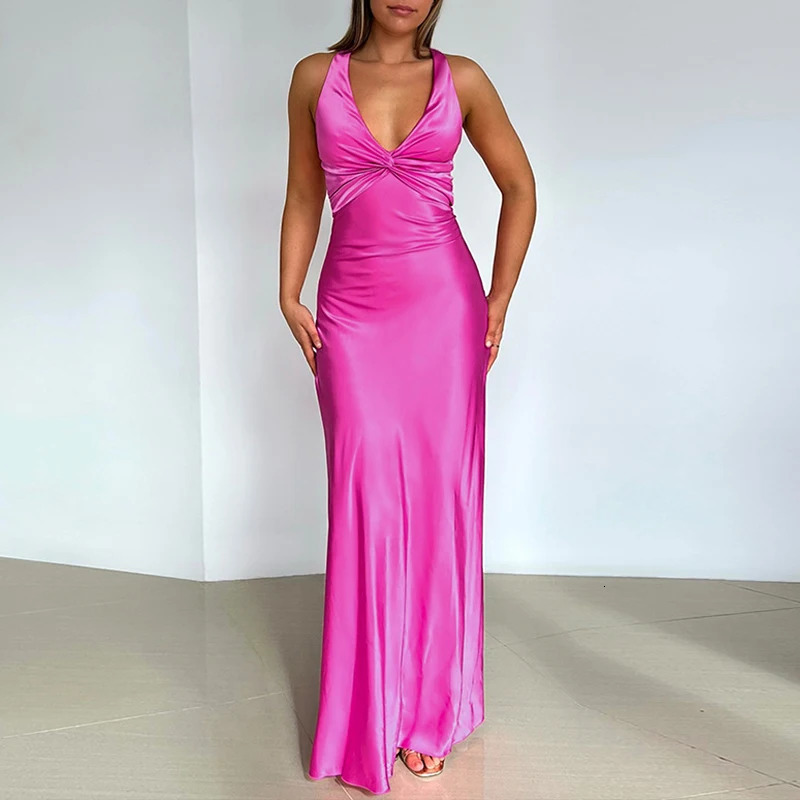 Womens Fashion High Waist Solid Party Dress Sexy Deep Vneck Satin Summer Elegant Backless Bow Lace Long 250313