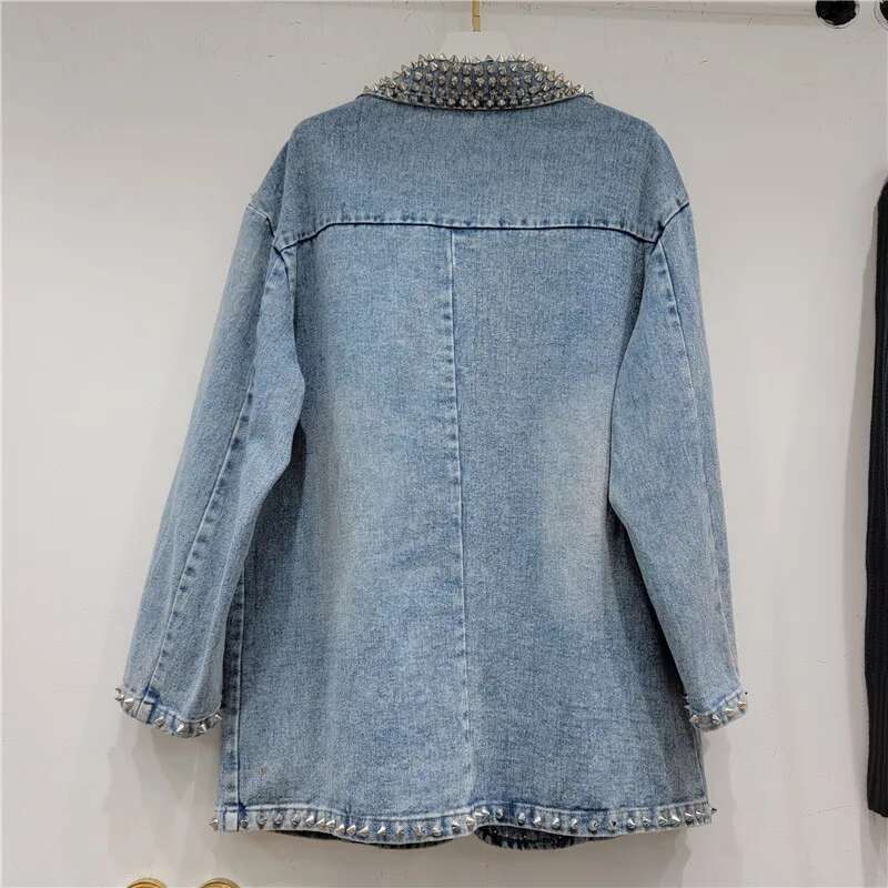 Women Pearls Beaded Denim Suits Jacket Turn Down Collar Jeans Blazers Coat Spring Autumn Loose Rivets Cardigan Mid Length Tops