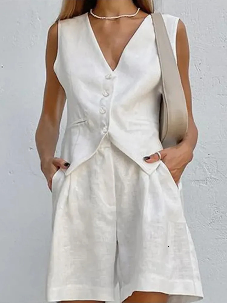 Womens 2025 Street Solid Cotton Linen Shorts 2 Pieces Sets Single Breasted Button Sleeveless Vest Suit Pockets Set Outfits 250311