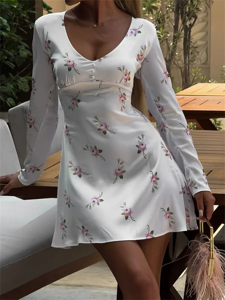Fantoye Sexy VNeck Print Button Long Sleeve Female Dress Slim Fit Zipper Short Pullover Streetwear Women 250313
