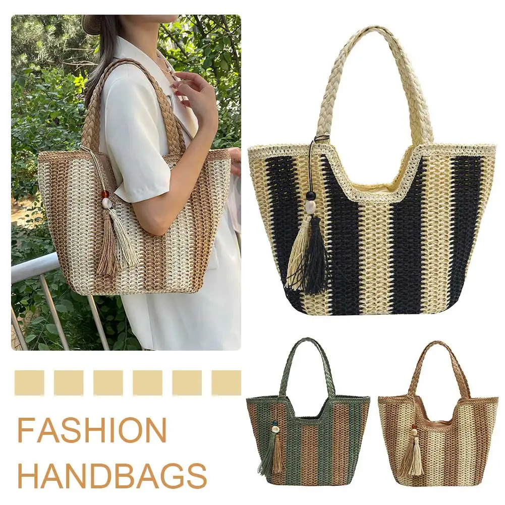Striped Straw Beach Bag Large Vacation Bag Woven Holiday Travel Handbag with Tassel for Women Work Travel Vacation R250312