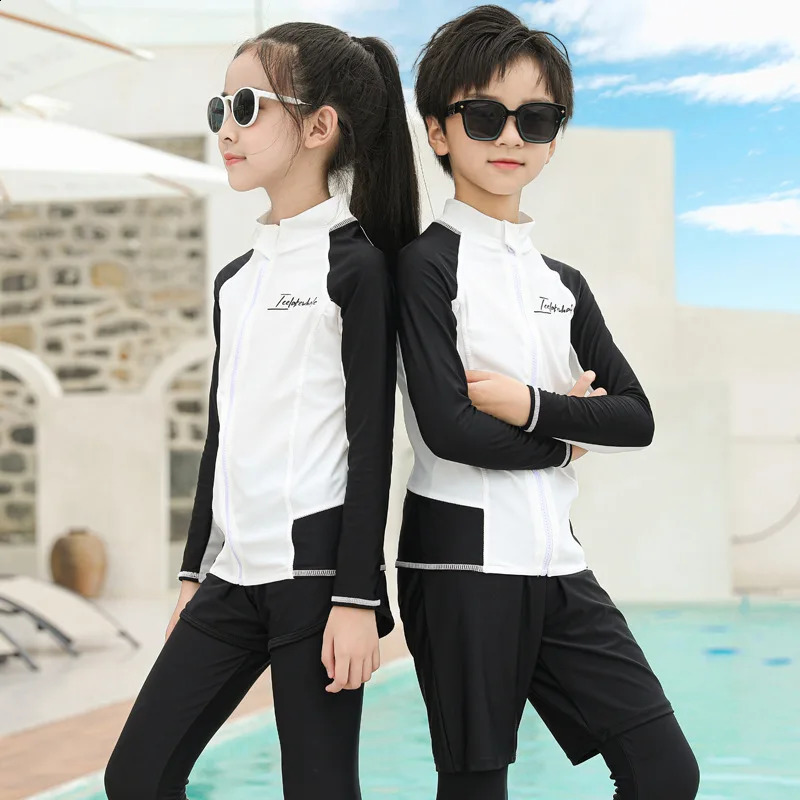 Three Piece Long Sleeve Cover Up Swimwear Korean Beach Wear Kids Girls Boys Swimsuit White Black Rash Guard Bathing Suits Pants 250313bj