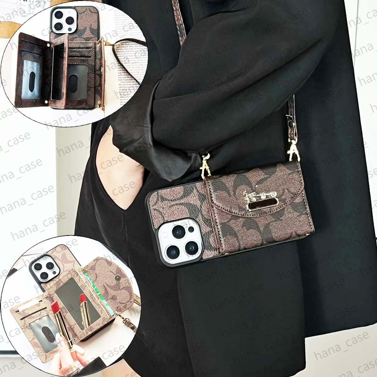 Designer Phone Case for iPhone 16 Pro Max with Rope, Leather Luxury Phone Wallet Case with Mirror 17 16 15 14 Plus 13 12 11 for Women Shockproof Phone Cover with Card Holder