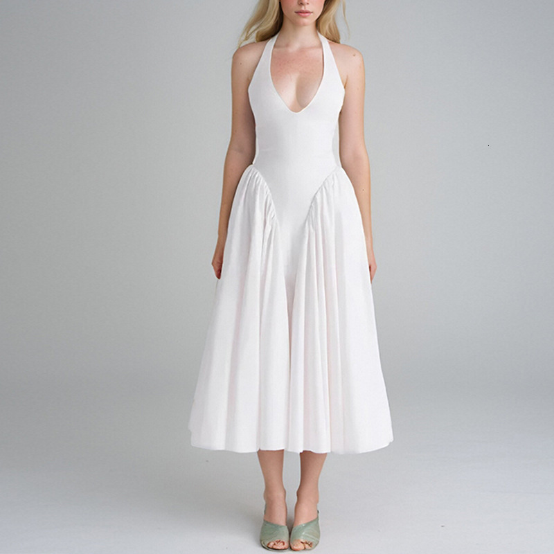 2025 Spring New Women's Style Sexy Hanging Neck Solid Color Slimming Bareback Dress