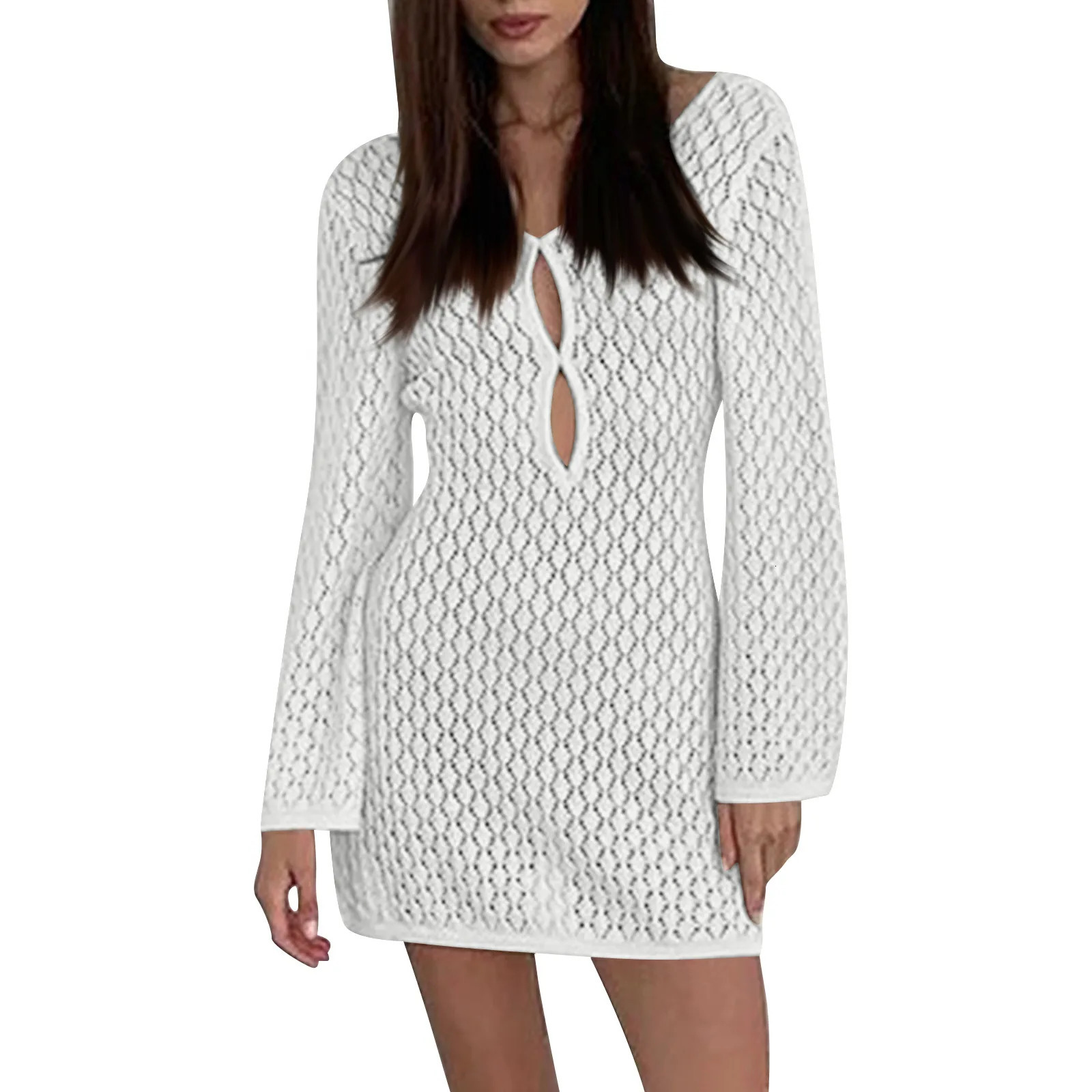 Sexy Cover Long Sleeve Womens Backless Beach Dress Swimsuit Knitted Tunic Robe 250312