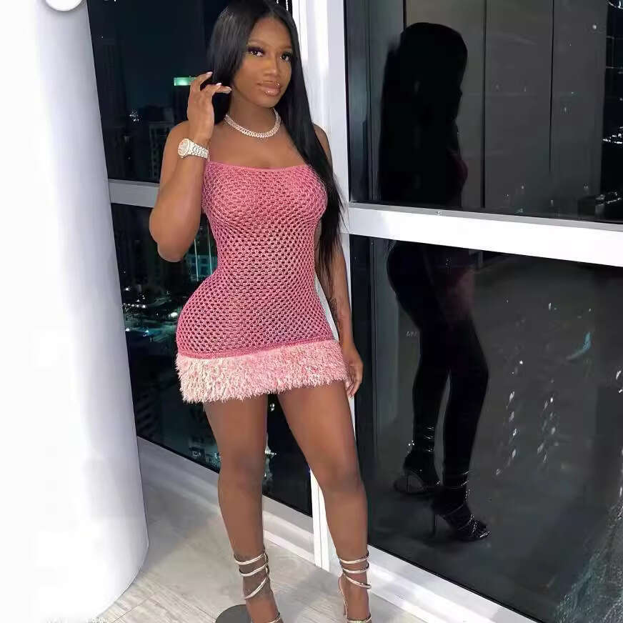 New Suspender Sexy Nail Bead Hot Stamping Bag Buttocks Bright Mesh Hollow Dress