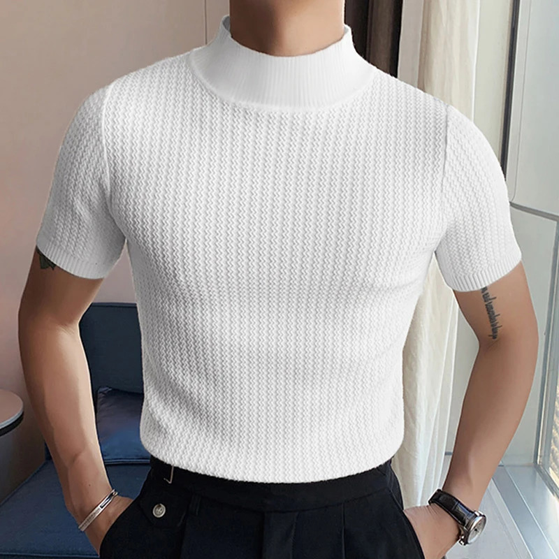 Casual Knit Tops Men Summer Fashion Solid Ribbed Elastic Slim Turtleneck T Shirt Streetwear Mens Short Sleeve Trend Tees 250313