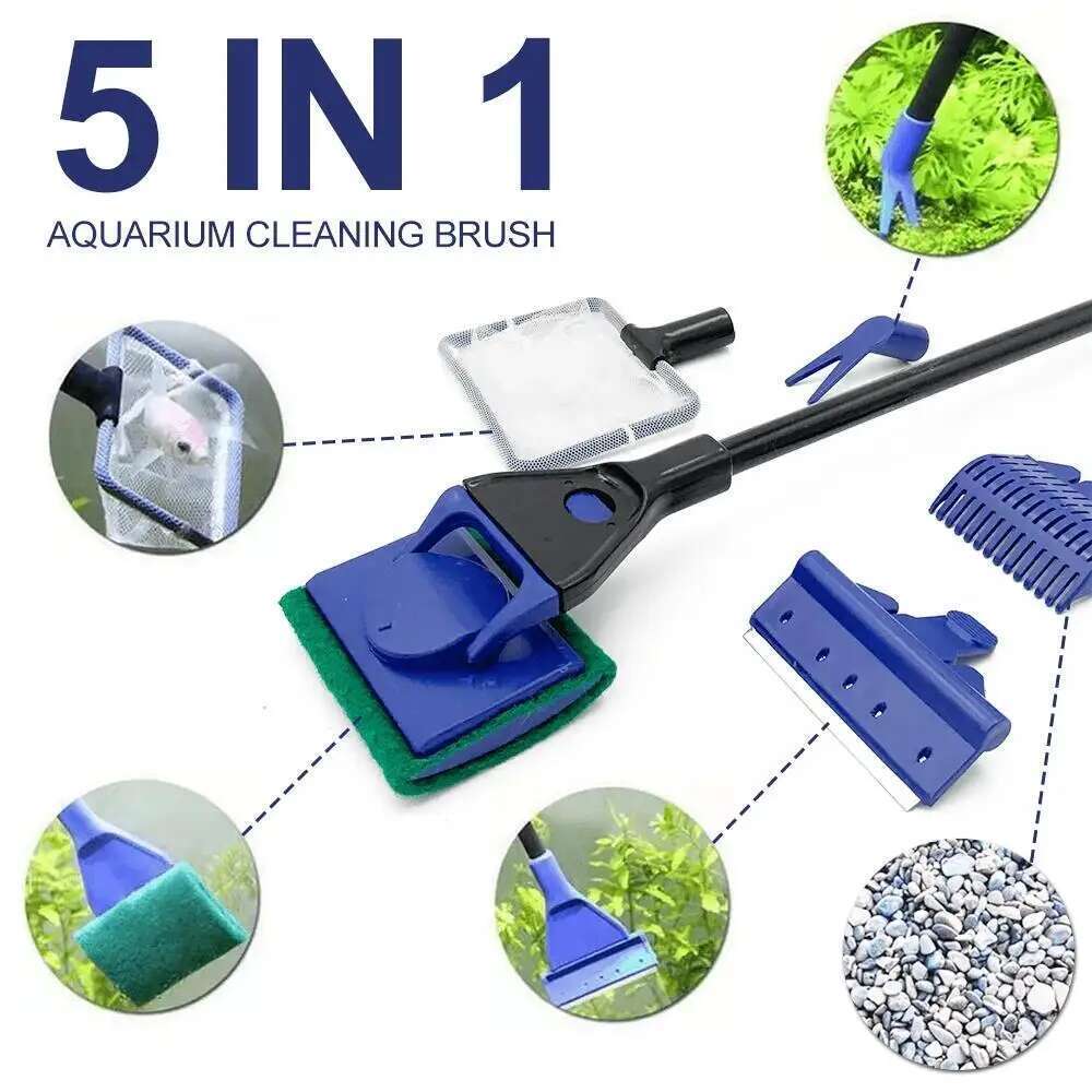 5In1 Aquarium Plant Fork Spoon Net Sponge Brush Gravel Rake Algae Scraper Multi Functional Fish Tank Cleaning Tool