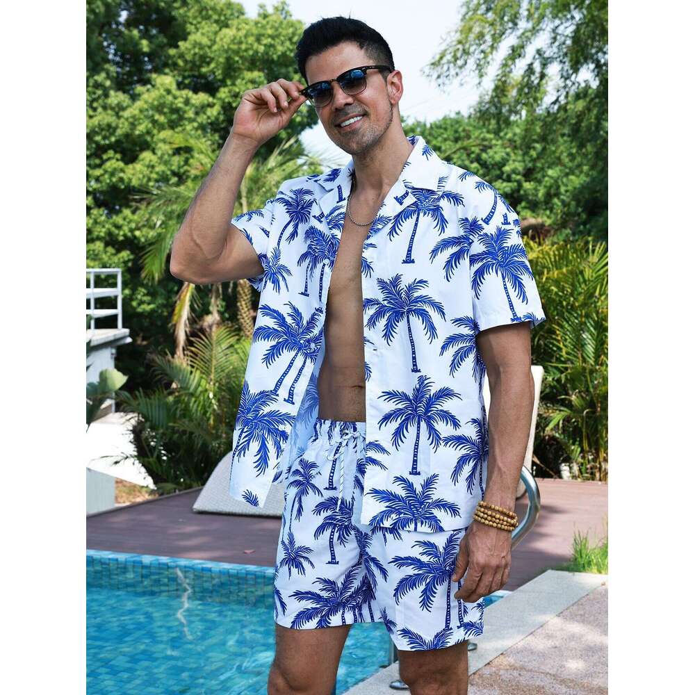 Hawaiian style shirt set for men summer vacation, casual short sleeved shorts, beach wer shirt, pamas, 2025 new style, chic and elegant clothing